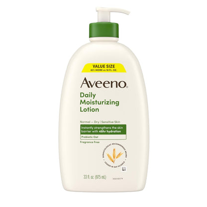 Aveeno Daily Moisturizing Body Lotion, Fragrance-Free Light & Creamy for Dry Sensitive Skin, Prebiotic Oat, Value Size 33 fl oz