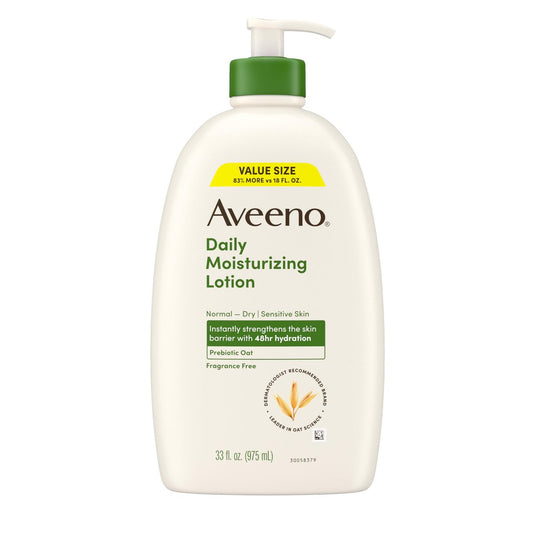 Aveeno Daily Moisturizing Body Lotion, Fragrance-Free Light & Creamy for Dry Sensitive Skin, Prebiotic Oat, Value Size 33 fl oz
