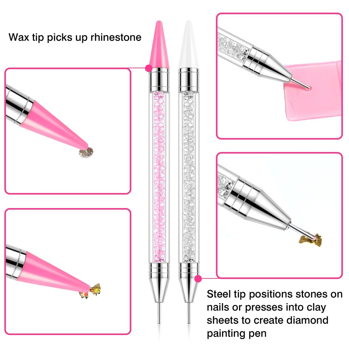VANALIA Rhinestone Picker Tool 2-Pack – Diamond Painting Dotting Pen with 6 Extra Wax Tips & Precision Tweezer, Wax Pencil for Rhinestones, Nail Art DIY Kit (Pink) - görsel 3