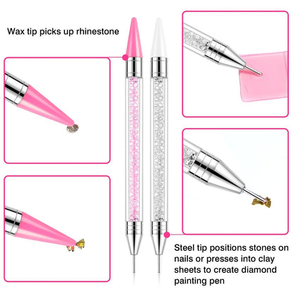 VANALIA Rhinestone Picker Tool 2-Pack – Diamond Painting Dotting Pen with 6 Extra Wax Tips & Precision Tweezer, Wax Pencil for Rhinestones, Nail Art DIY Kit (Pink)