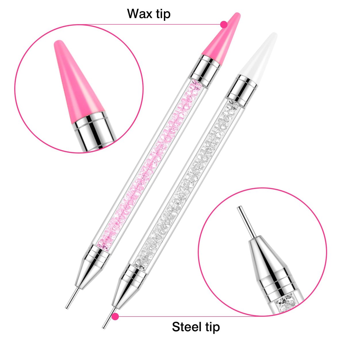VANALIA Rhinestone Picker Tool 2-Pack – Diamond Painting Dotting Pen with 6 Extra Wax Tips & Precision Tweezer, Wax Pencil for Rhinestones, Nail Art DIY Kit (Pink) - görsel 9