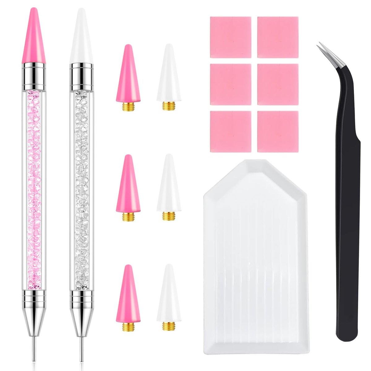 VANALIA Rhinestone Picker Tool 2-Pack – Diamond Painting Dotting Pen with 6 Extra Wax Tips & Precision Tweezer, Wax Pencil for Rhinestones, Nail Art DIY Kit (Pink) - görsel 1