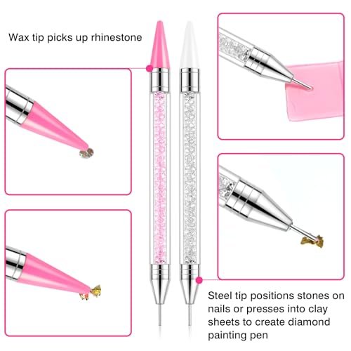 VANALIA Rhinestone Picker Tool 2-Pack – Diamond Painting Dotting Pen with 6 Extra Wax Tips & Precision Tweezer, Wax Pencil for Rhinestones, Nail Art DIY Kit (Pink) - görsel 4