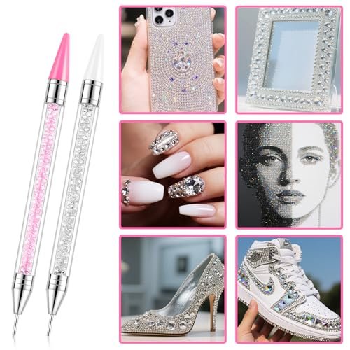 VANALIA Rhinestone Picker Tool 2-Pack – Diamond Painting Dotting Pen with 6 Extra Wax Tips & Precision Tweezer, Wax Pencil for Rhinestones, Nail Art DIY Kit (Pink) - görsel 12