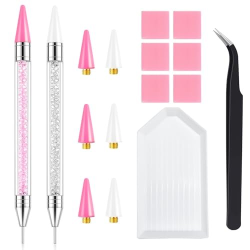 VANALIA Rhinestone Picker Tool 2-Pack – Diamond Painting Dotting Pen with 6 Extra Wax Tips & Precision Tweezer, Wax Pencil for Rhinestones, Nail Art DIY Kit (Pink) - görsel 2
