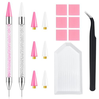VANALIA Rhinestone Picker Tool 2-Pack – Diamond Painting Dotting Pen with 6 Extra Wax Tips & Precision Tweezer, Wax Pencil for Rhinestones, Nail Art DIY Kit (Pink)