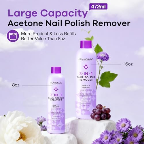 Glamonade Acetone Nail Polish Remover - 16 Fl Oz Professional Gel Remover with Grape Seed Oil for Home & Salon Avelisse