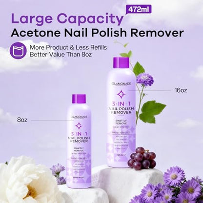 Glamonade Acetone Nail Polish Remover - 16 Fl Oz Professional Gel Remover with Grape Seed Oil for Home & Salon Avelisse