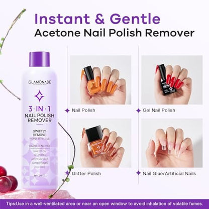 Glamonade Acetone Nail Polish Remover - 16 Fl Oz Professional Gel Remover with Grape Seed Oil for Home & Salon Avelisse