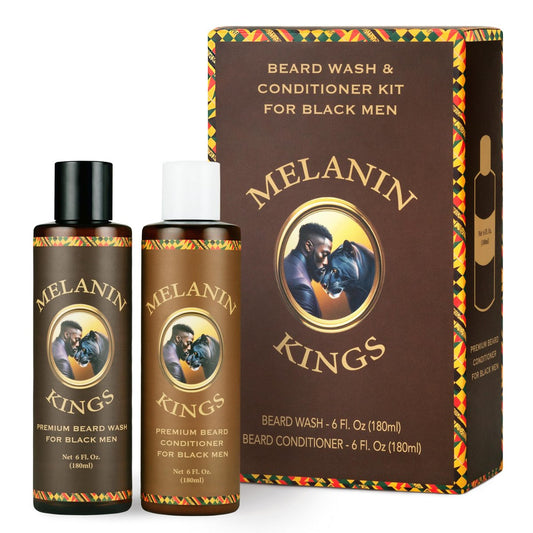 Melanin Kings Beard Wash & Conditioner Set for Black Men – Gentle Cleanse, Hydrate & Soften Coarse, Dry and Curly Beards – African Oil Blend with Baobab, Marula, Argan & Jojoba Avelisse