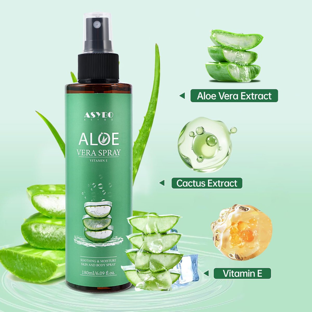 ASYBO Aloe Vera Spray 180 ml - 99% Organic Pure Aloe Vera Spray for Face, Body & Hair, After Sun Facial Moisturizer with Vitamin E, Fast Absorbing and Easy to Carry - görsel 5