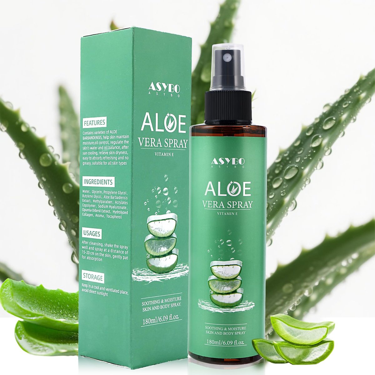ASYBO Aloe Vera Spray 180 ml - 99% Organic Pure Aloe Vera Spray for Face, Body & Hair, After Sun Facial Moisturizer with Vitamin E, Fast Absorbing and Easy to Carry - görsel 1
