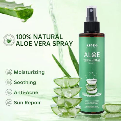 ASYBO Aloe Vera Spray 180 ml - 99% Organic Pure Aloe Vera Spray for Face, Body & Hair, After Sun Facial Moisturizer with Vitamin E, Fast Absorbing and Easy to Carry