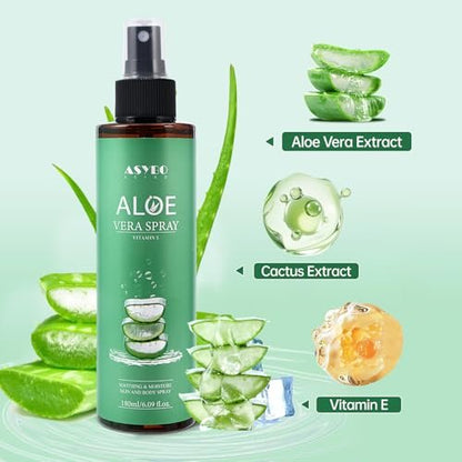 ASYBO Aloe Vera Spray 180 ml - 99% Organic Pure Aloe Vera Spray for Face, Body & Hair, After Sun Facial Moisturizer with Vitamin E, Fast Absorbing and Easy to Carry