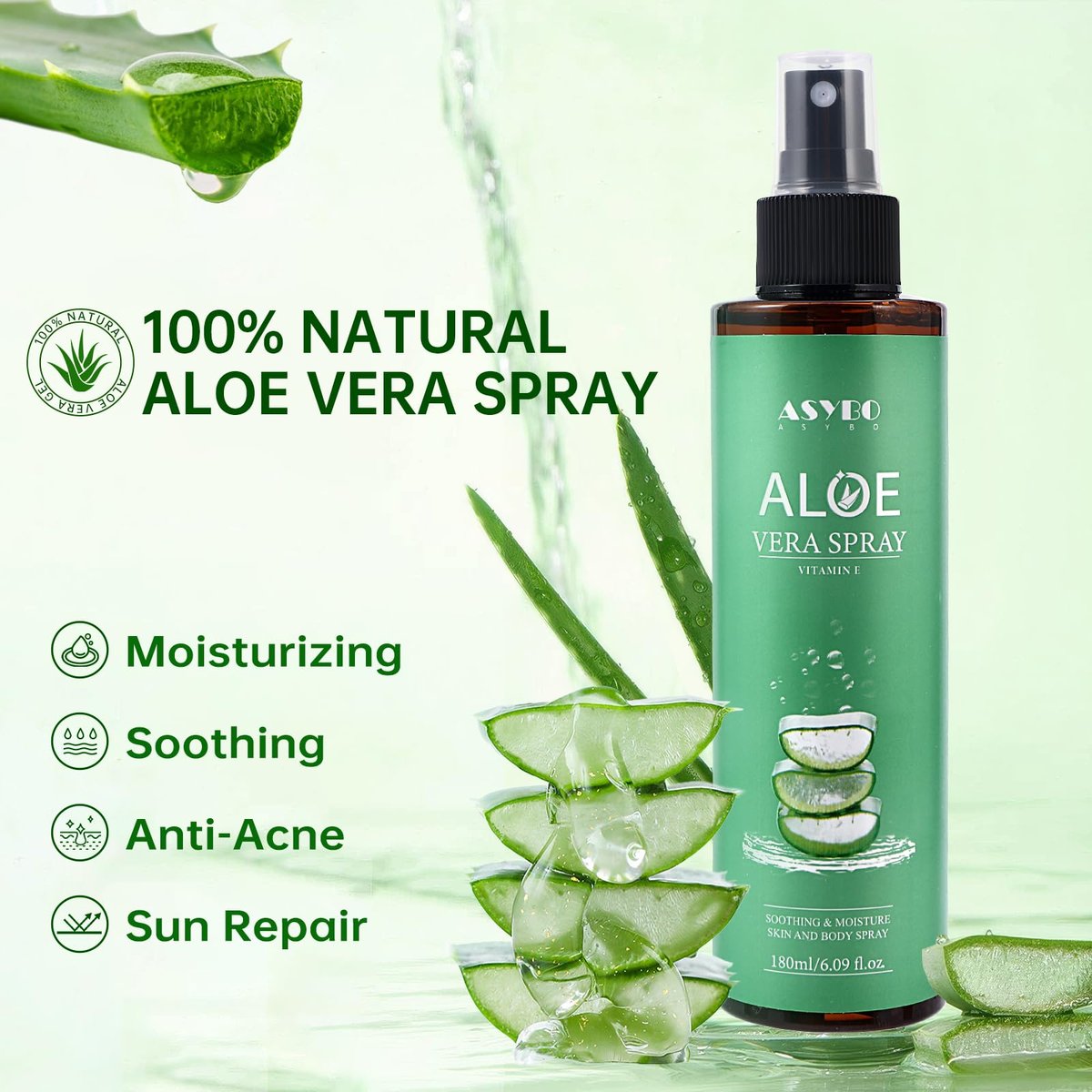 ASYBO Aloe Vera Spray 180 ml - 99% Organic Pure Aloe Vera Spray for Face, Body & Hair, After Sun Facial Moisturizer with Vitamin E, Fast Absorbing and Easy to Carry - görsel 3