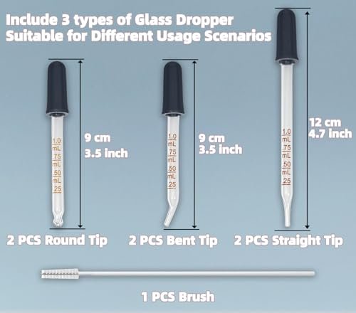 Atdcoek 6 Pack Glass Pipette Dropper with Brush - Bent & Straight Tips, 1 ml Eye Droppers for Essential Oils, Lab, Crafts, Measuring and Transferring Liquids - görsel 4