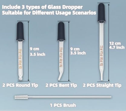 Atdcoek 6 Pack Glass Pipette Dropper with Brush - Bent & Straight Tips, 1 ml Eye Droppers for Essential Oils, Lab, Crafts, Measuring and Transferring Liquids