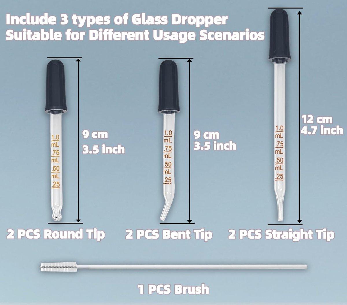 Atdcoek 6 Pack Glass Pipette Dropper with Brush - Bent & Straight Tips, 1 ml Eye Droppers for Essential Oils, Lab, Crafts, Measuring and Transferring Liquids - görsel 3