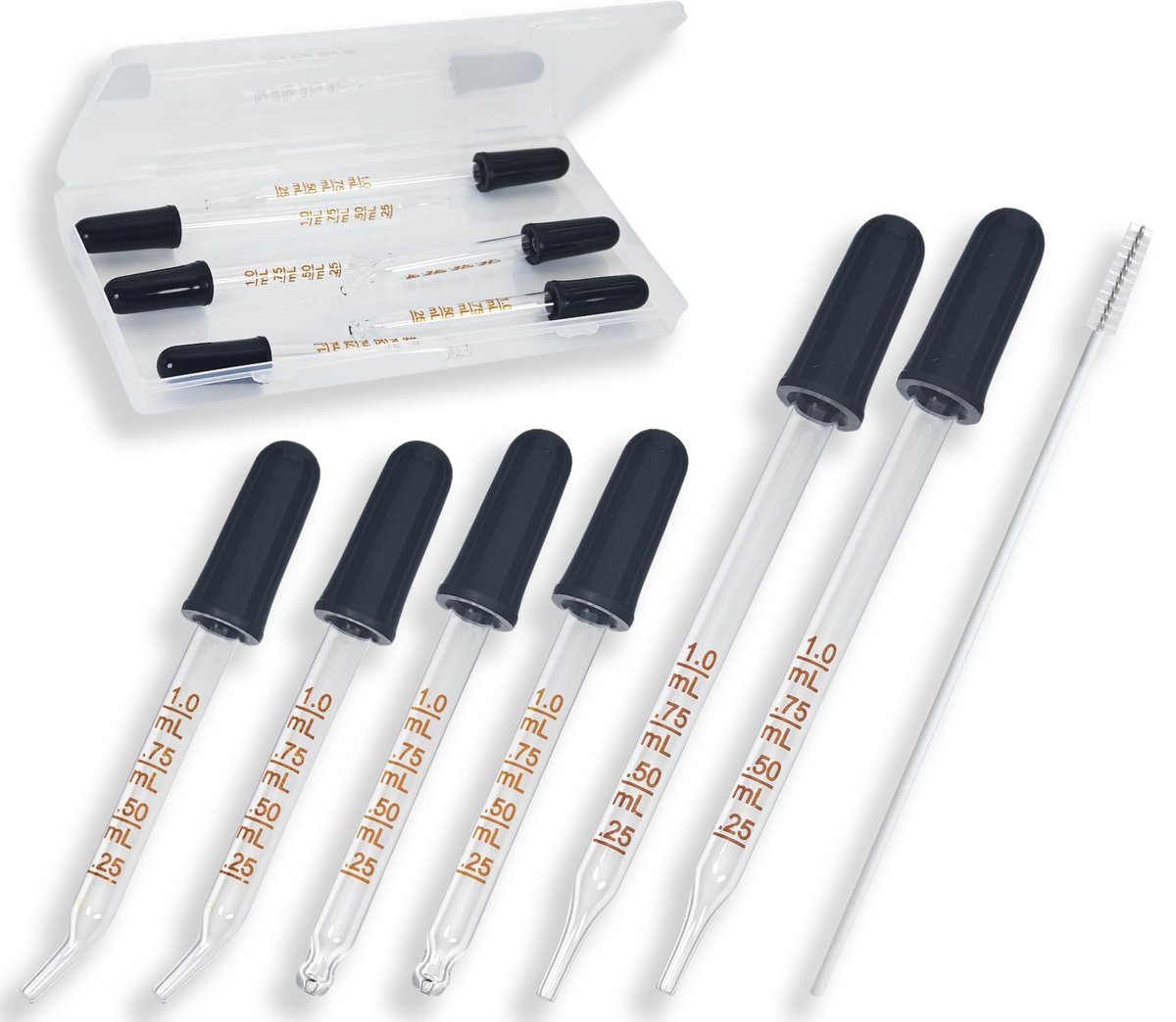 Atdcoek 6 Pack Glass Pipette Dropper with Brush - Bent & Straight Tips, 1 ml Eye Droppers for Essential Oils, Lab, Crafts, Measuring and Transferring Liquids - görsel 1