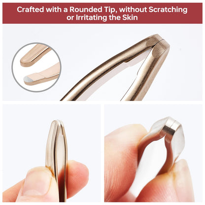 NILIYA Professional Round Tip Tweezers for Men – Stainless Steel Plucker with Leather Travel Case, Light Gold