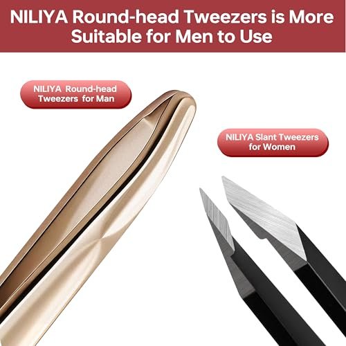 NILIYA Professional Round Tip Tweezers for Men – Stainless Steel Plucker with Leather Travel Case, Light Gold - görsel 10