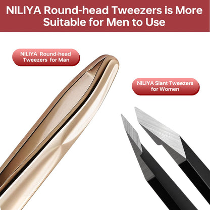 NILIYA Professional Round Tip Tweezers for Men – Stainless Steel Plucker with Leather Travel Case, Light Gold