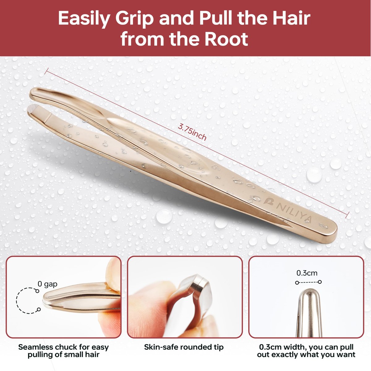 NILIYA Professional Round Tip Tweezers for Men – Stainless Steel Plucker with Leather Travel Case, Light Gold - görsel 3