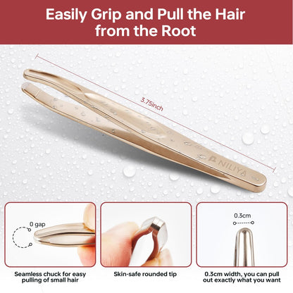 NILIYA Professional Round Tip Tweezers for Men – Stainless Steel Plucker with Leather Travel Case, Light Gold