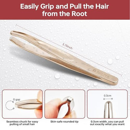 NILIYA Professional Round Tip Tweezers for Men – Stainless Steel Plucker with Leather Travel Case, Light Gold