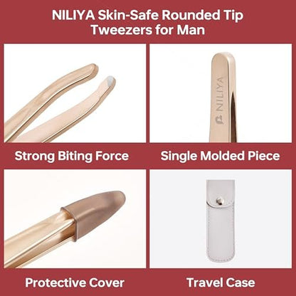 NILIYA Professional Round Tip Tweezers for Men – Stainless Steel Plucker with Leather Travel Case, Light Gold