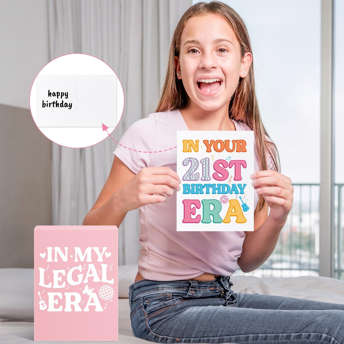 BHronony 21st Birthday Gifts for Her - In My Legal Era Wine Glass Gift Set for 21st Female Daughter, 21 Years Old Unique Birthday Present Ideas Makeup Bag Key Chain Bracelet Greeting Card - görsel 7