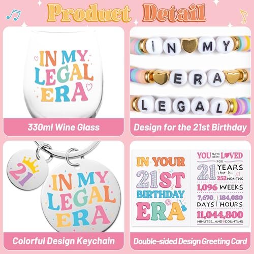 BHronony 21st Birthday Gifts for Her - In My Legal Era Wine Glass Gift Set for 21st Female Daughter, 21 Years Old Unique Birthday Present Ideas Makeup Bag Key Chain Bracelet Greeting Card - görsel 6