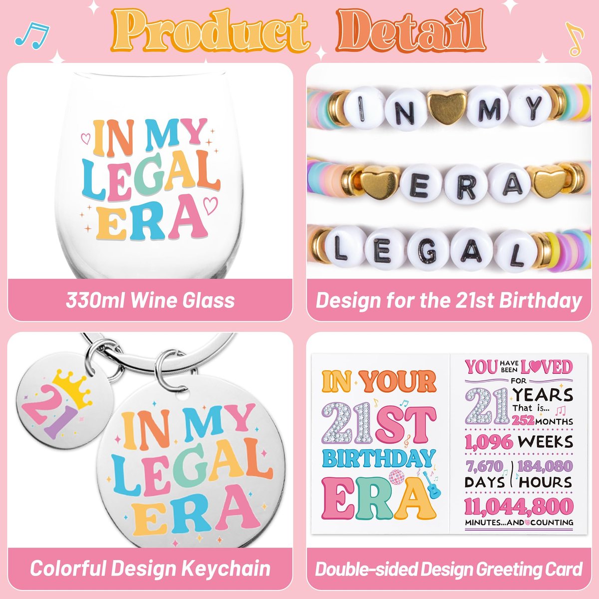 BHronony 21st Birthday Gifts for Her - In My Legal Era Wine Glass Gift Set for 21st Female Daughter, 21 Years Old Unique Birthday Present Ideas Makeup Bag Key Chain Bracelet Greeting Card - görsel 5