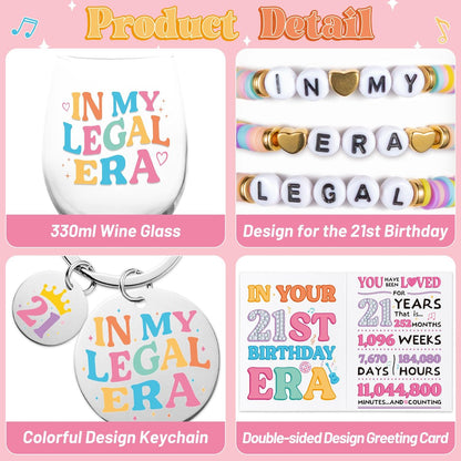 BHronony 21st Birthday Gifts for Her - In My Legal Era Wine Glass Gift Set for 21st Female Daughter, 21 Years Old Unique Birthday Present Ideas Makeup Bag Key Chain Bracelet Greeting Card