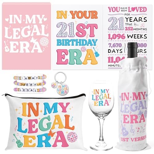 BHronony 21st Birthday Gifts for Her - In My Legal Era Wine Glass Gift Set for 21st Female Daughter, 21 Years Old Unique Birthday Present Ideas Makeup Bag Key Chain Bracelet Greeting Card - görsel 2