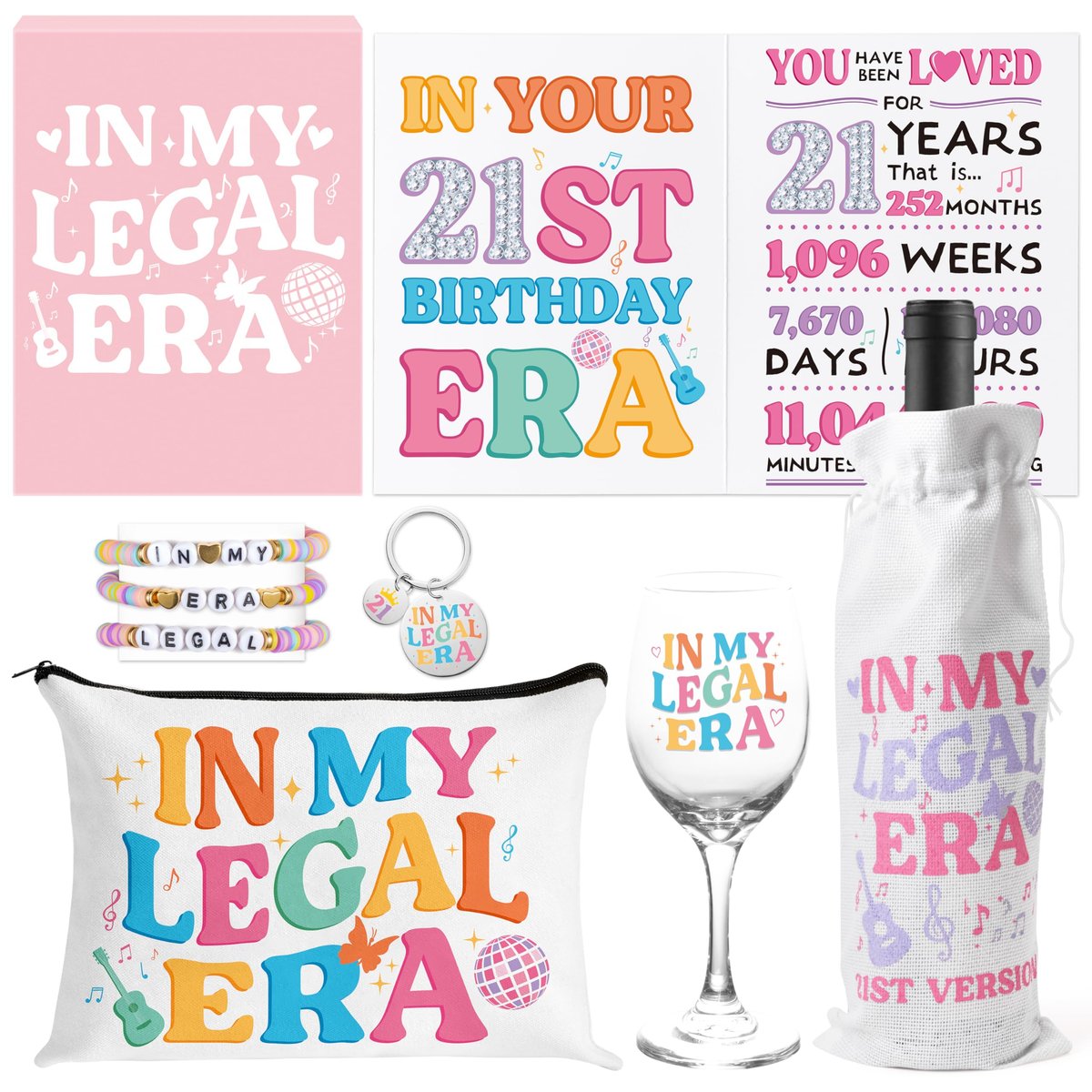 BHronony 21st Birthday Gifts for Her - In My Legal Era Wine Glass Gift Set for 21st Female Daughter, 21 Years Old Unique Birthday Present Ideas Makeup Bag Key Chain Bracelet Greeting Card - görsel 1