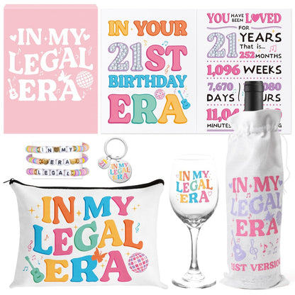 BHronony 21st Birthday Gifts for Her - In My Legal Era Wine Glass Gift Set for 21st Female Daughter, 21 Years Old Unique Birthday Present Ideas Makeup Bag Key Chain Bracelet Greeting Card