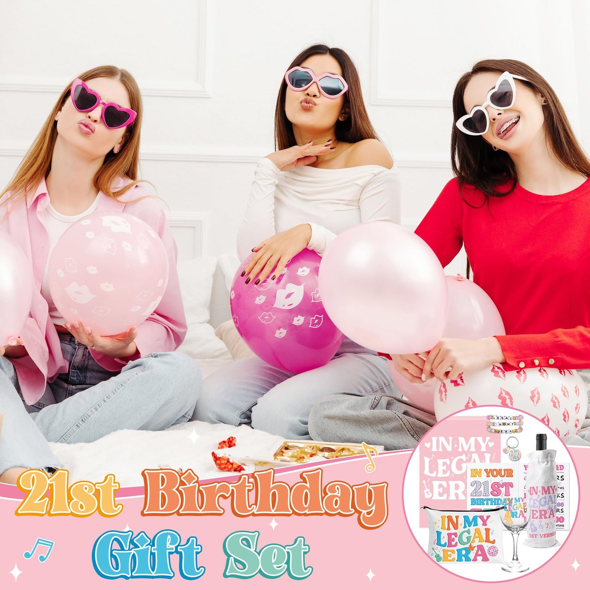 BHronony 21st Birthday Gifts for Her - In My Legal Era Wine Glass Gift Set for 21st Female Daughter, 21 Years Old Unique Birthday Present Ideas Makeup Bag Key Chain Bracelet Greeting Card - görsel 13