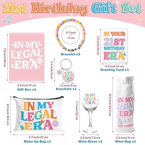 BHronony 21st Birthday Gifts for Her - In My Legal Era Wine Glass Gift Set for 21st Female Daughter, 21 Years Old Unique Birthday Present Ideas Makeup Bag Key Chain Bracelet Greeting Card - görsel 4