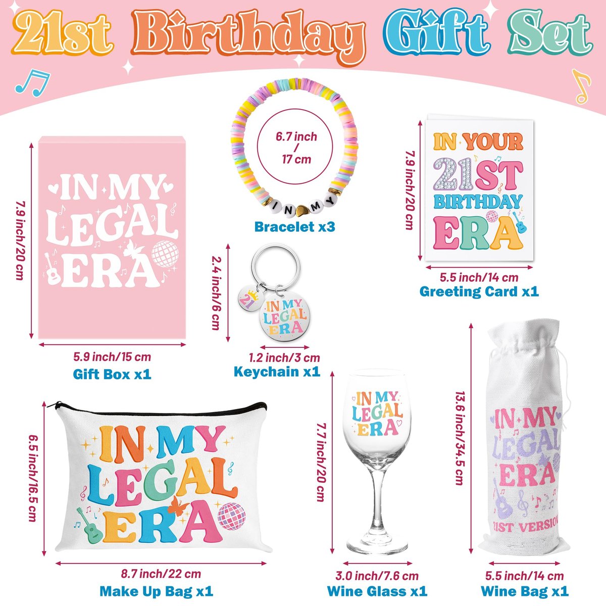 BHronony 21st Birthday Gifts for Her - In My Legal Era Wine Glass Gift Set for 21st Female Daughter, 21 Years Old Unique Birthday Present Ideas Makeup Bag Key Chain Bracelet Greeting Card - görsel 3