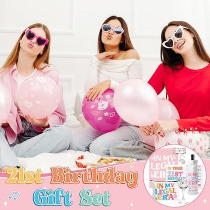 BHronony 21st Birthday Gifts for Her - In My Legal Era Wine Glass Gift Set for 21st Female Daughter, 21 Years Old Unique Birthday Present Ideas Makeup Bag Key Chain Bracelet Greeting Card