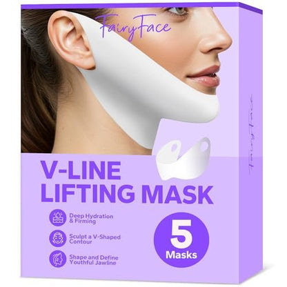 FairyFace V Line Lifting Mask (5 Pack) - Hydrogel Chin Patch with Collagen & Aloe for Jawline Support, Double Chin Reducer, Skin-Tightening Face Mask