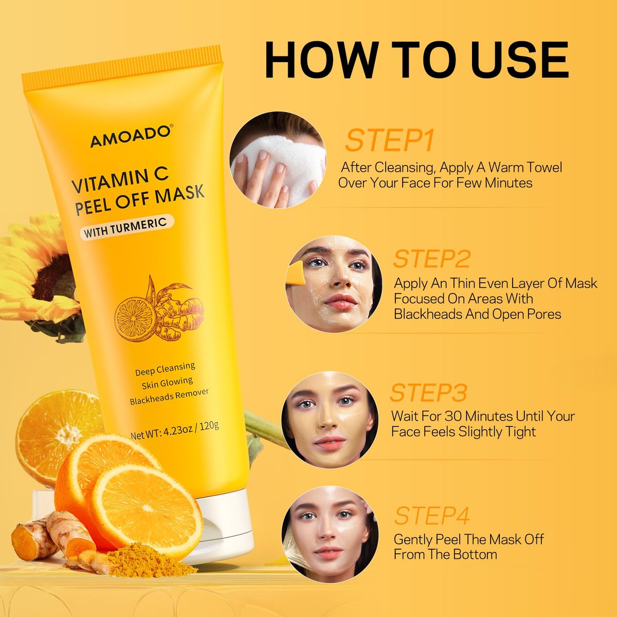 AMOADO Blackhead Remover Mask – Peel Off Face Mask with Vitamin C & Turmeric for Deep Cleansing, Pores & Oil Control, Includes Pimple Extractor and Brush, 4.23 Fl Oz - görsel 15