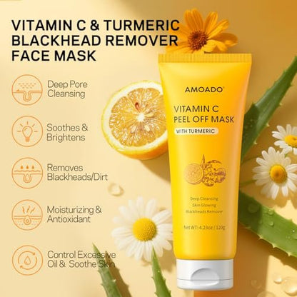AMOADO Blackhead Remover Mask – Peel Off Face Mask with Vitamin C & Turmeric for Deep Cleansing, Pores & Oil Control, Includes Pimple Extractor and Brush, 4.23 Fl Oz
