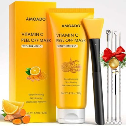 AMOADO Blackhead Remover Mask – Peel Off Face Mask with Vitamin C & Turmeric for Deep Cleansing, Pores & Oil Control, Includes Pimple Extractor and Brush, 4.23 Fl Oz