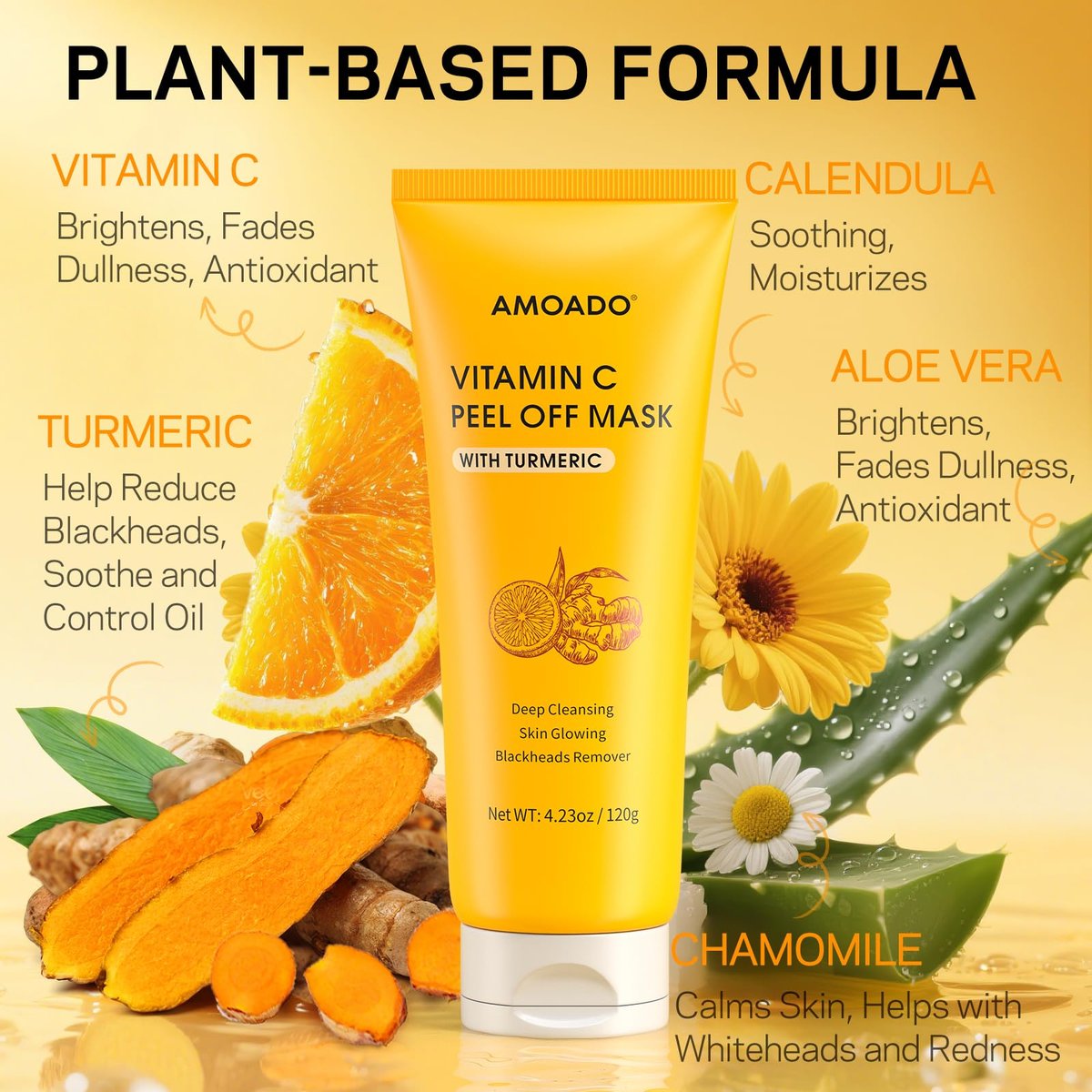 AMOADO Blackhead Remover Mask – Peel Off Face Mask with Vitamin C & Turmeric for Deep Cleansing, Pores & Oil Control, Includes Pimple Extractor and Brush, 4.23 Fl Oz - görsel 5