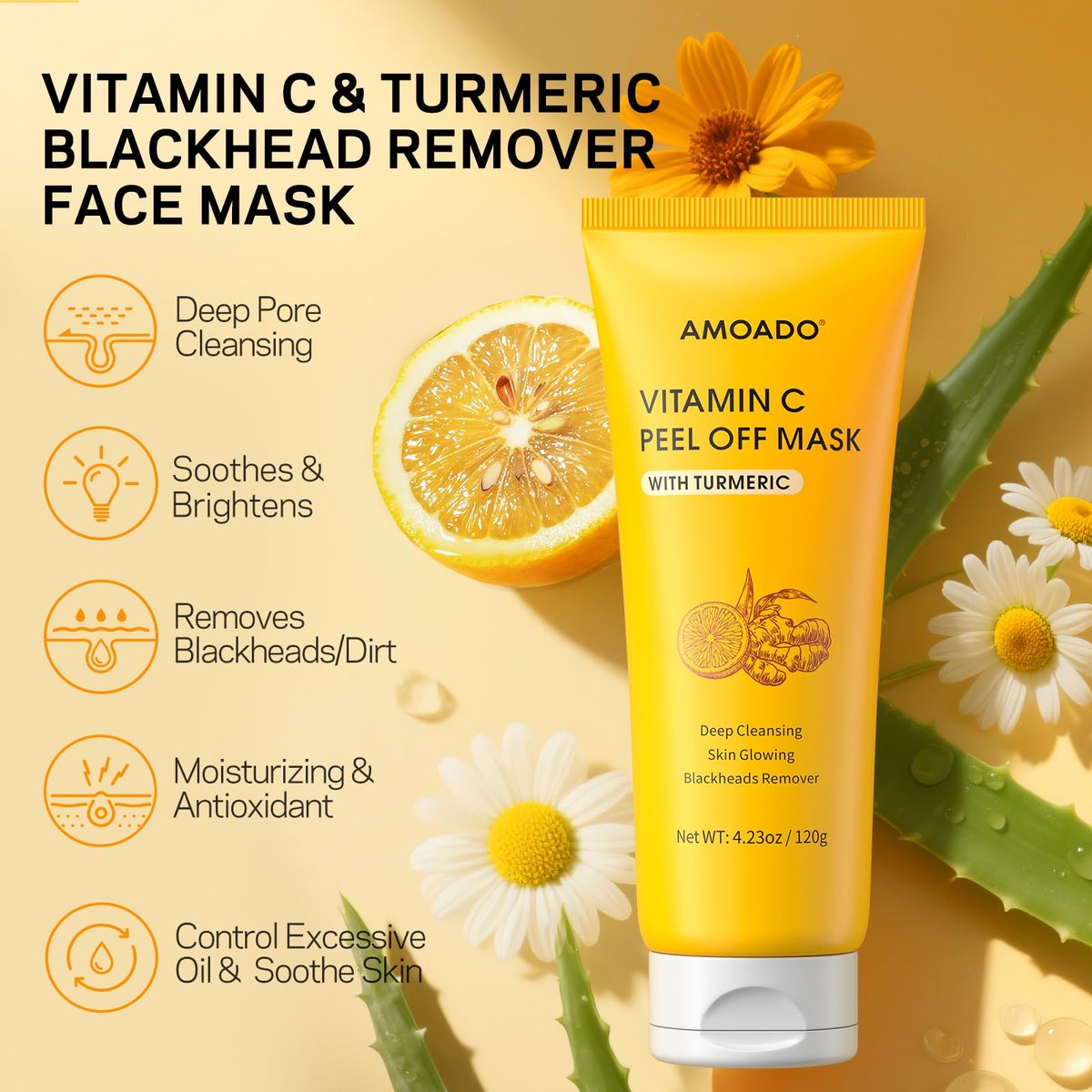 AMOADO Blackhead Remover Mask – Peel Off Face Mask with Vitamin C & Turmeric for Deep Cleansing, Pores & Oil Control, Includes Pimple Extractor and Brush, 4.23 Fl Oz - görsel 7