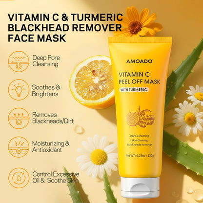AMOADO Blackhead Remover Mask – Peel Off Face Mask with Vitamin C & Turmeric for Deep Cleansing, Pores & Oil Control, Includes Pimple Extractor and Brush, 4.23 Fl Oz