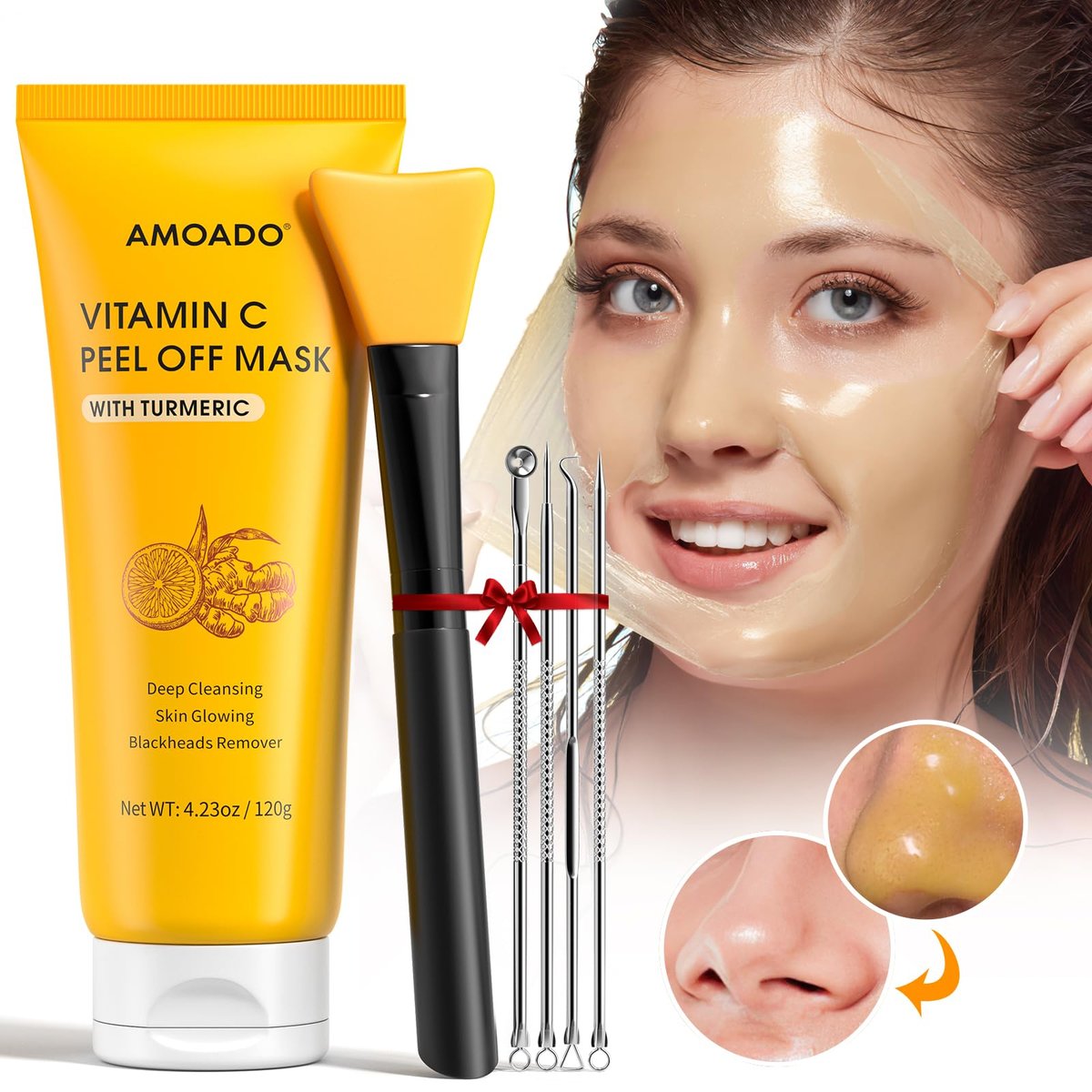 AMOADO Blackhead Remover Mask – Peel Off Face Mask with Vitamin C & Turmeric for Deep Cleansing, Pores & Oil Control, Includes Pimple Extractor and Brush, 4.23 Fl Oz - görsel 9