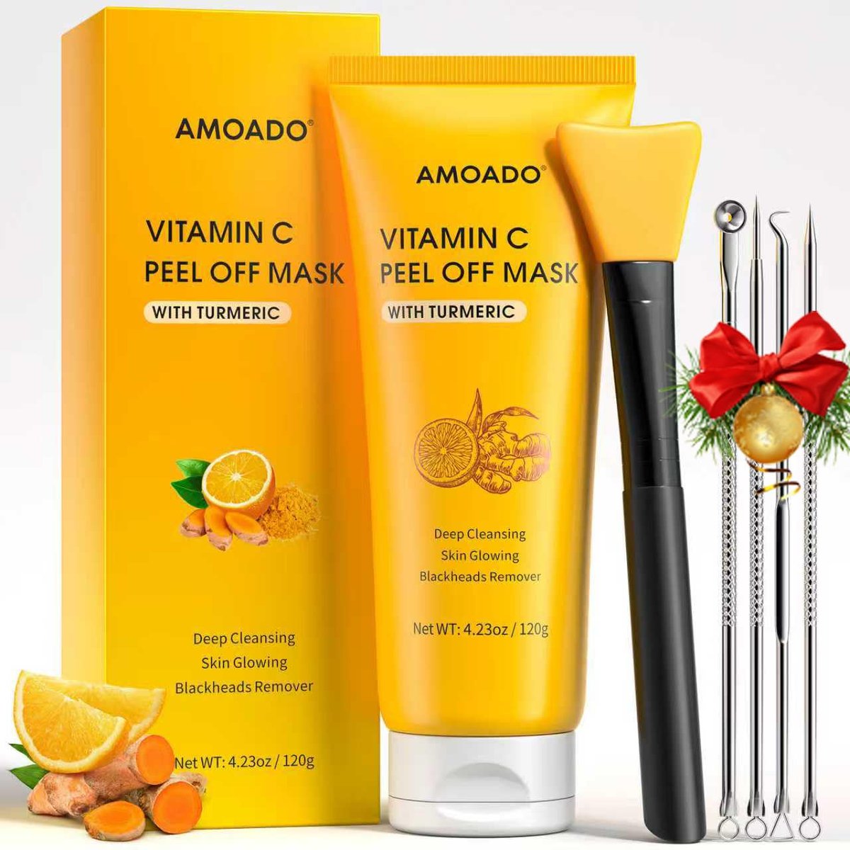 AMOADO Blackhead Remover Mask – Peel Off Face Mask with Vitamin C & Turmeric for Deep Cleansing, Pores & Oil Control, Includes Pimple Extractor and Brush, 4.23 Fl Oz - görsel 1